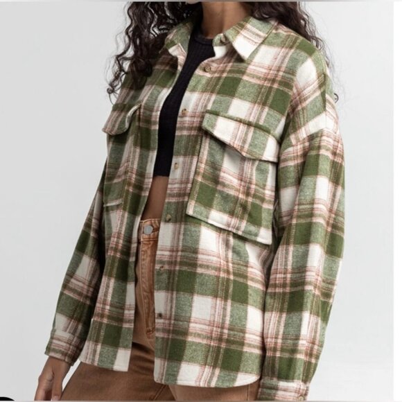 ACOA Green Plaid Flannel Long Sleeve Shacket Size Large NWOT - Picture 1 of 10